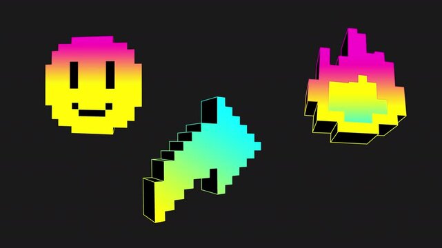 Neon gradient pixel animations of rotating emoji, fire and share arrow. 3D voxel social media reactions and emoticons. Seamless loop on a transparent alpha channel. 
