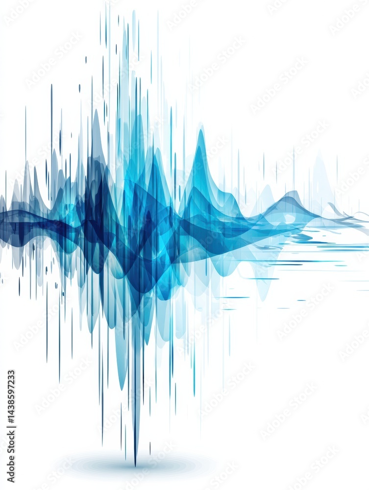 Poster visual representation of a blue digital waveform pulse against a clean white background illustrating