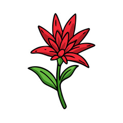Illustration of a red flower blossom with green leaves botanical floral design drawing art nature plant