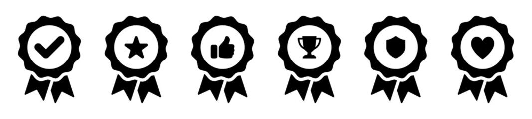 Set of  black award badge icons check mark, star, thumbs up, trophy, shield, and heart. Perfect for achievements, certifications, rewards, and recognitions in minimalist design. Icons, vector.