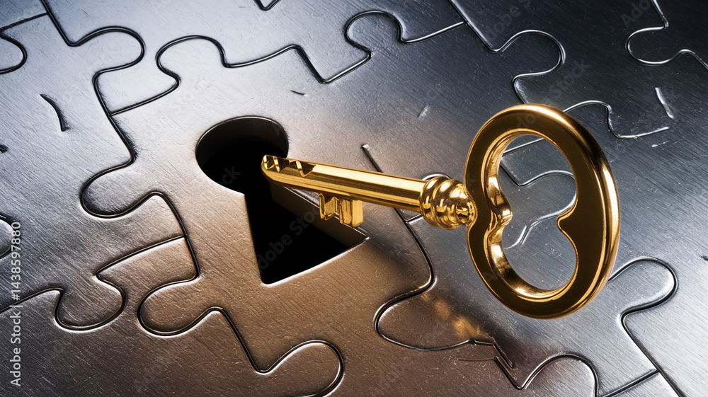 Poster golden key in a keyhole of a metallic jigsaw puzzle, symbolizing solution, success, and problem-solv