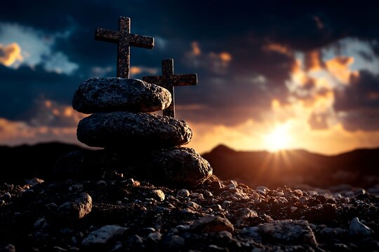 Dark stones with crosses at sunset
