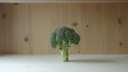 Broccoli sits on wooden shelf, single light source