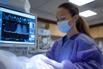 Female doctor wearing protective face mask working with medical monitor in hospital