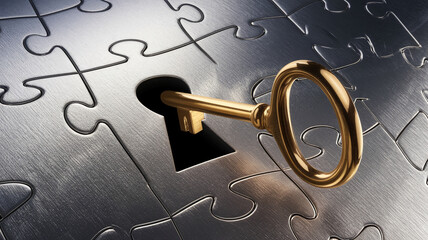 Golden key in a metallic puzzle keyhole, symbolizing solution, success, and problem-solving.  Concept image for business or strategy