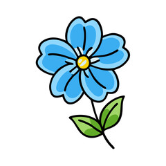 Illustration of a blue flower with leaves, blossom, bloom, floral, petal, plant, and botanical art