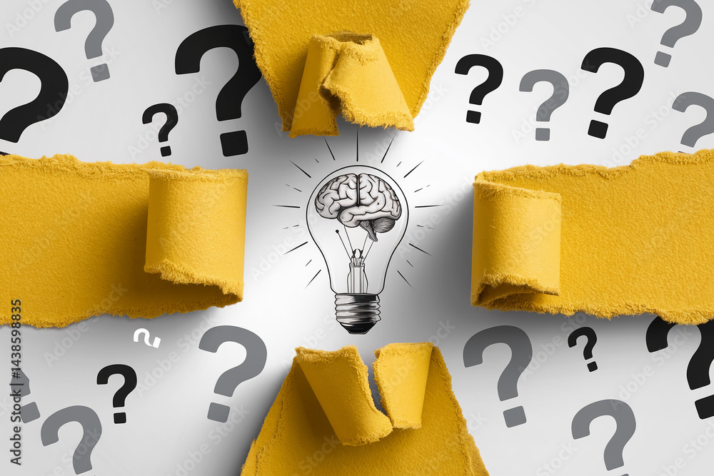 Aufkleber torn yellow paper reveals lightbulb with brain inside, surrounded by question marks, symbolizing ide
