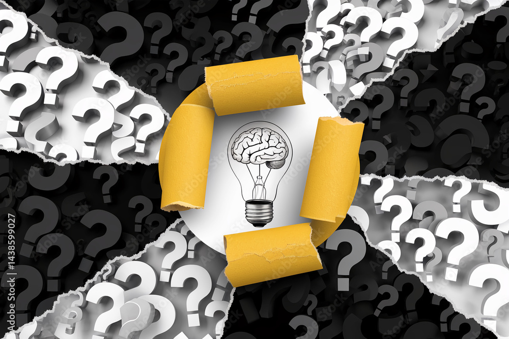Poster torn paper reveals brain in lightbulb, surrounded by question marks symbolizing problem-solving, ide