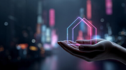 Neon house outline held in hands, city backdrop, symbolizing real estate, home ownership, or digital property concepts