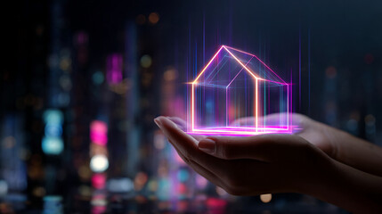 Neon house outline held in hands, city lights background, showcasing modern home design, real estate, or technology concept