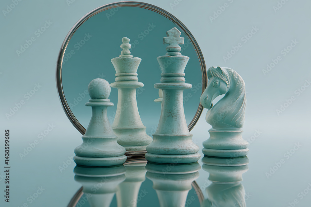 Poster light teal chess pieces arranged before a circular mirror, reflecting their image, symbolizing strat