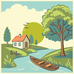 Peaceful Countryside Landscape with River, Boat, Trees, and Cozy Cottage under Sunny Sky &ndash; Vintage Cartoon Style Illustration.