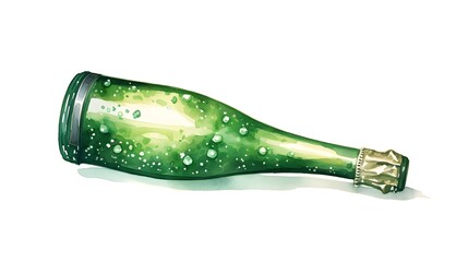 High-Quality Image of Green Bottle of Sparkling Wine or Champagne in Hand Drawn Style