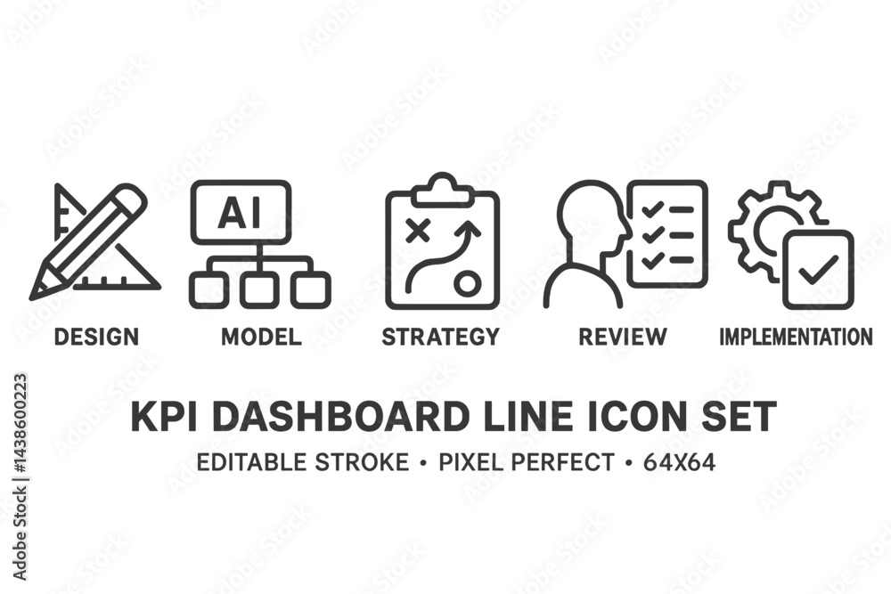 Poster KPI dashboard line icon set featuring essential design, strategy, and implementation symbols for effective data visualization
