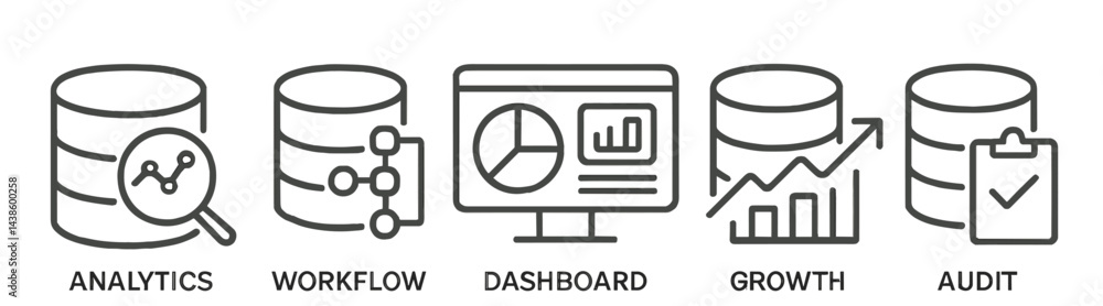 Leinwandbilder Visual representation of data management tools showcasing analytics, workflow, dashboard, growth metrics, and audit checks for businesses