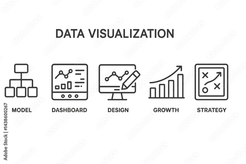Poster data visualization concepts illustrating model, dashboard, design, growth, and strategy for effectiv
