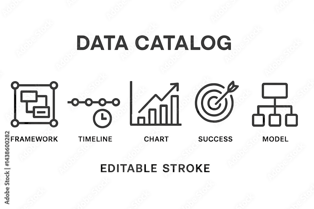 Poster visual representation of data catalog concepts including framework, timeline, chart, success, and mo