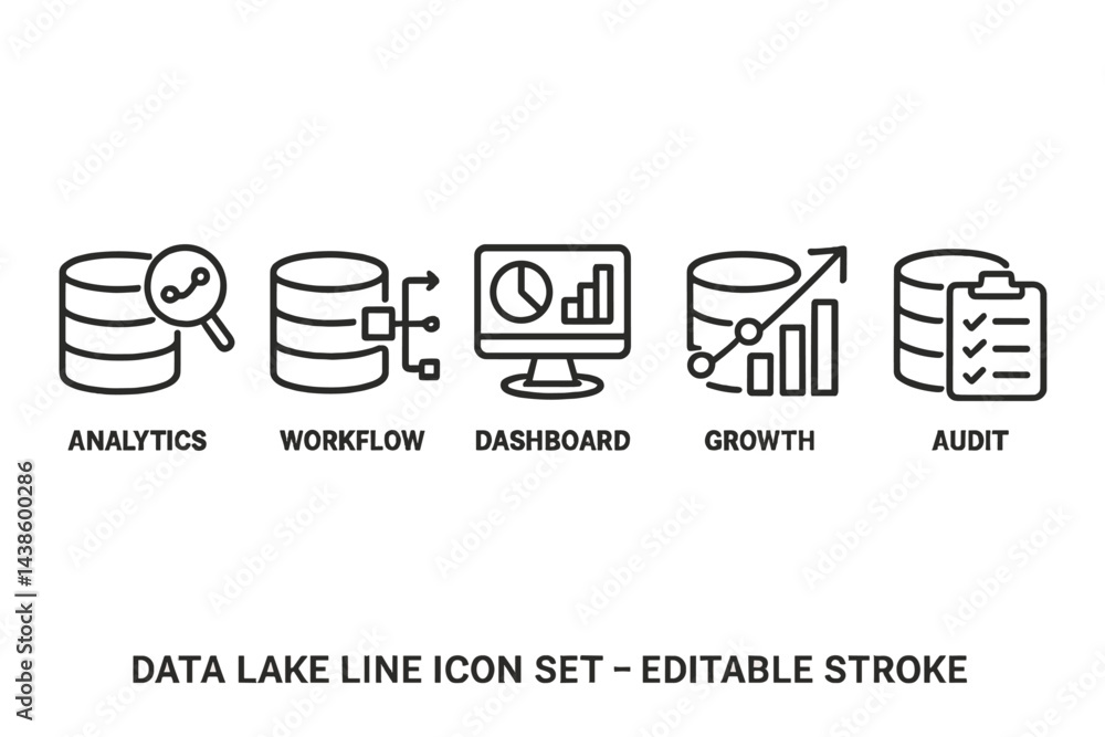 Poster Data lake line icon set featuring elements of analytics, workflow, dashboard, growth, and audit for data management