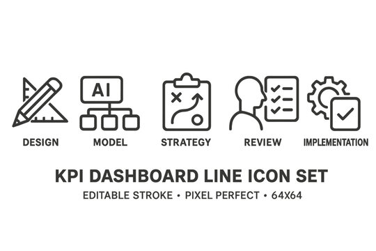 KPI dashboard line icon set featuring essential design, strategy, and implementation symbols for effective data visualization