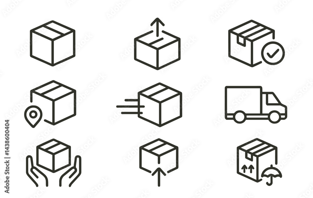 Poster Icons representing various stages of package delivery and handling processes in a minimalist design