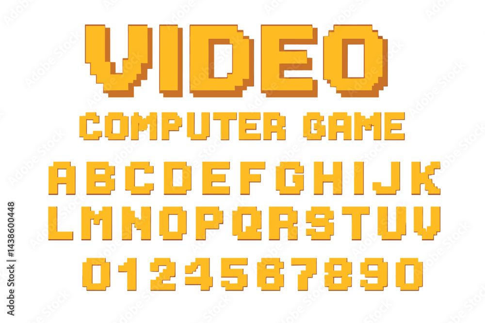 Fototapete Colorful pixelated text featuring video and computer game elements in a bold and playful font style