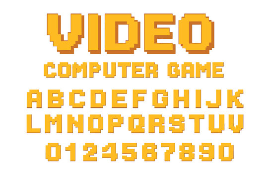 Colorful pixelated text featuring video and computer game elements in a bold and playful font style