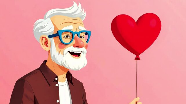 Happy bearded man in glasses holding red heart shaped balloon, cartoon vector style, pink background