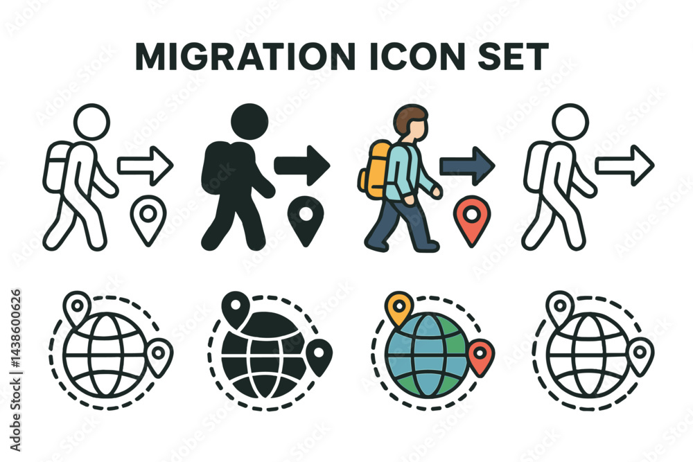 Poster migration icon set featuring various styles of travelers, routes, and global representations in a cl