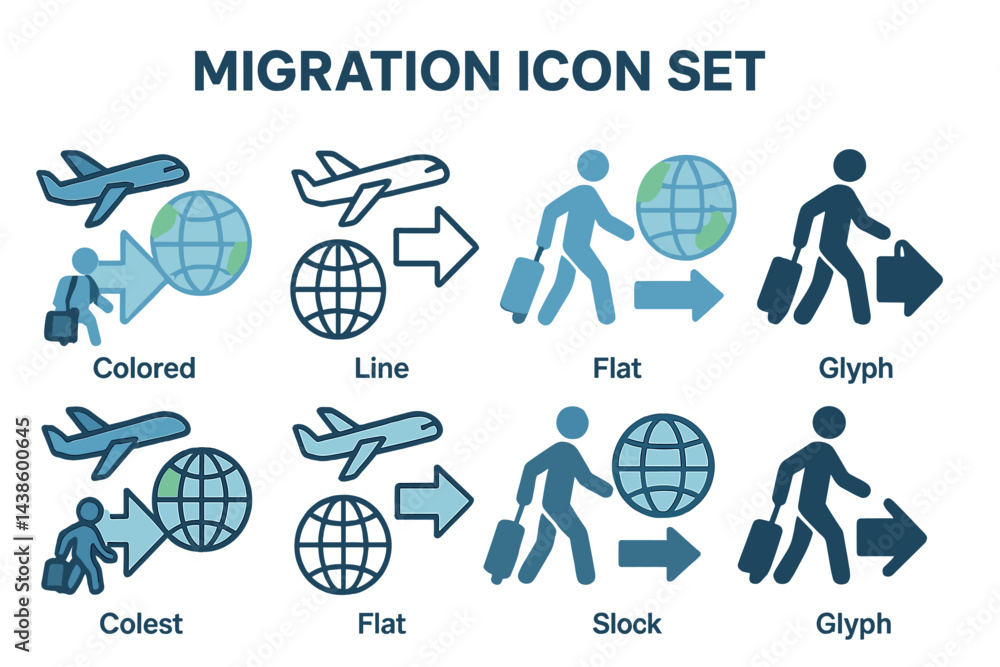 Aufkleber migration icons in various styles illustrating travel, moving, and global connection in diverse form