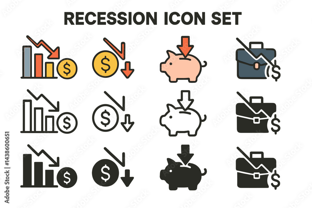 Poster visual representation of recession elements showcasing economic decline through diverse graphic icon
