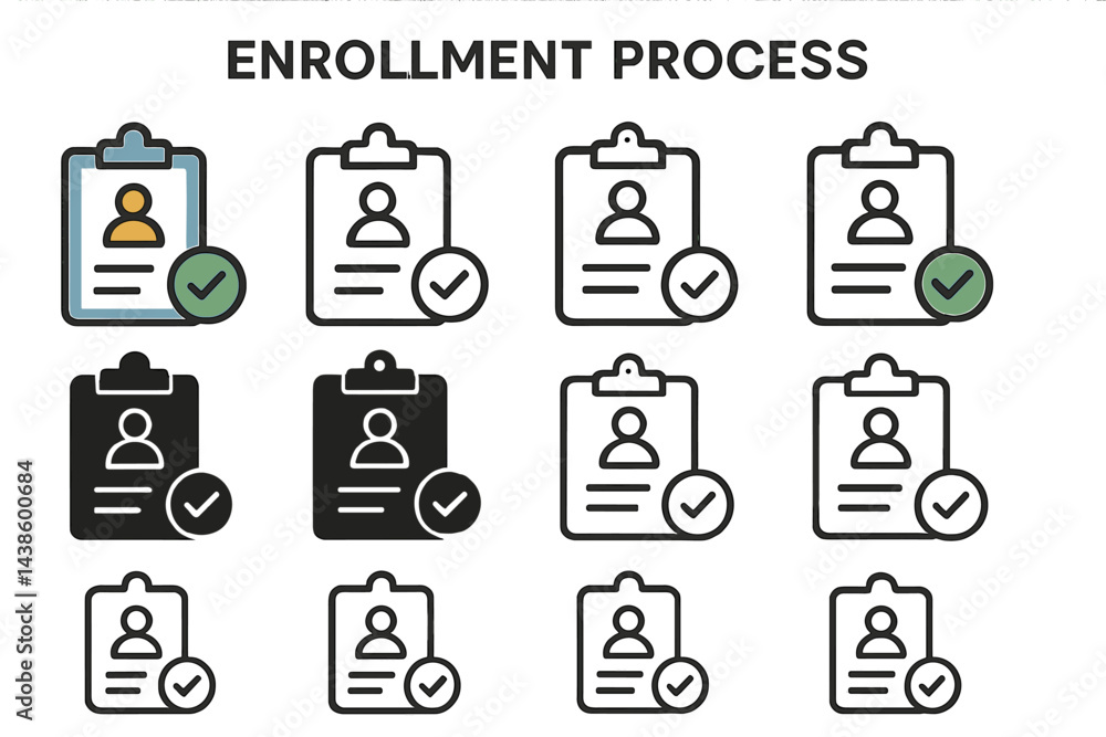 Aufkleber enrollment process illustrations showing stages and completion of registration in a clear, organized