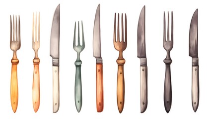 Hand drawn watercolor illustration of a knife and fork set for professional designs