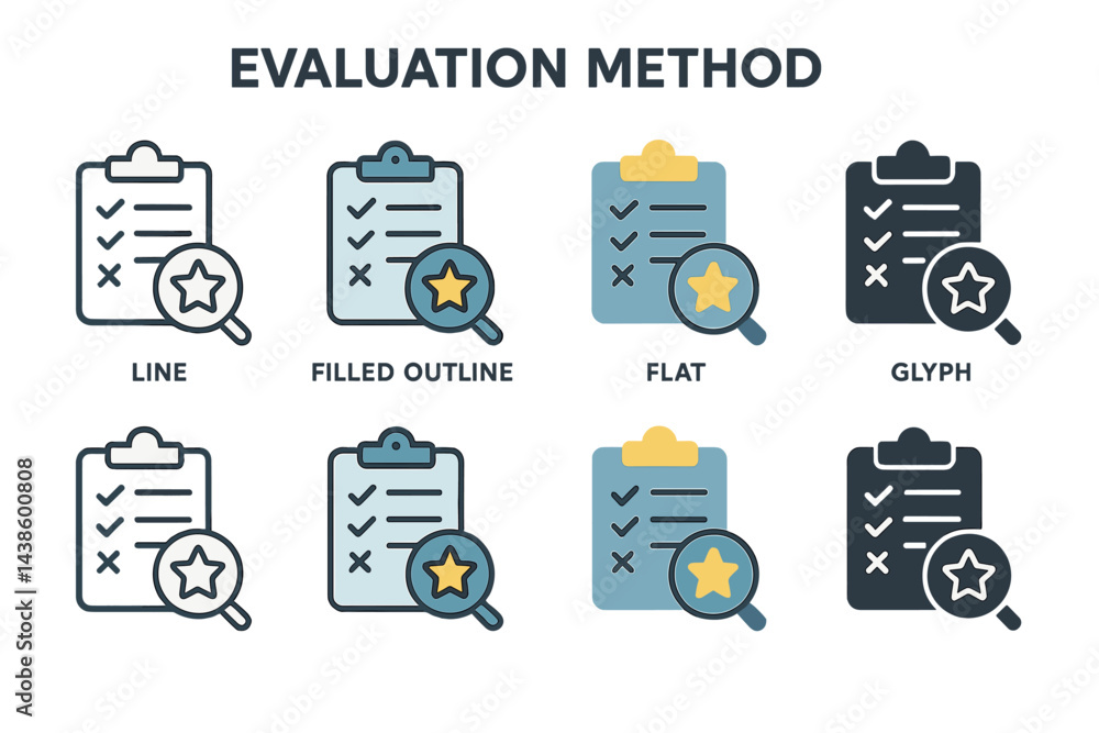 Leinwandbilder different styles of checklist icons with magnifying glass and star indicator for evaluation purposes