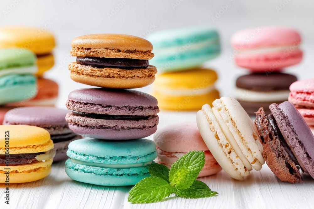 Poster colorful macarons stacked elegantly with fresh mint leaf on a white surface creating a delightful co