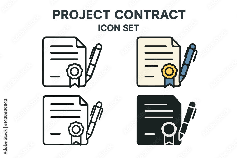 Aufkleber icon set depicting project contract designs highlighting documents and pens in various styles
