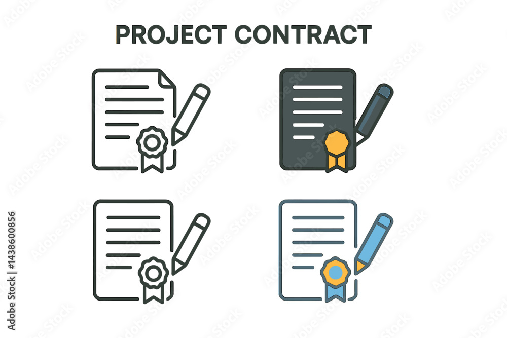 Poster Visual representation of project contracts with stylized icons and symbols illustrating agreement and documentation