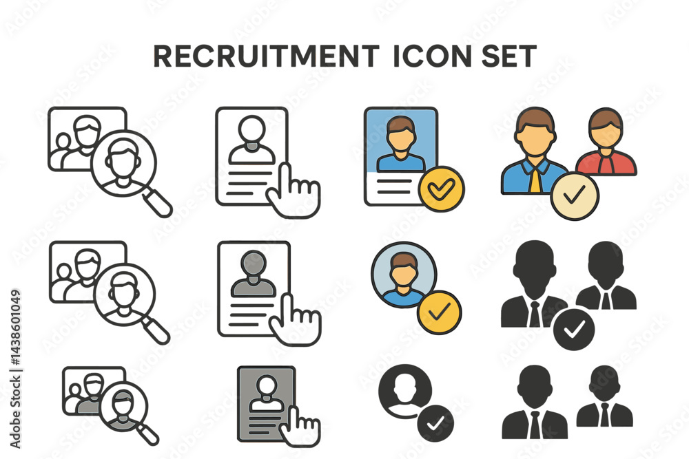 Poster recruitment icons showcasing various stages of the hiring process with diverse character representat