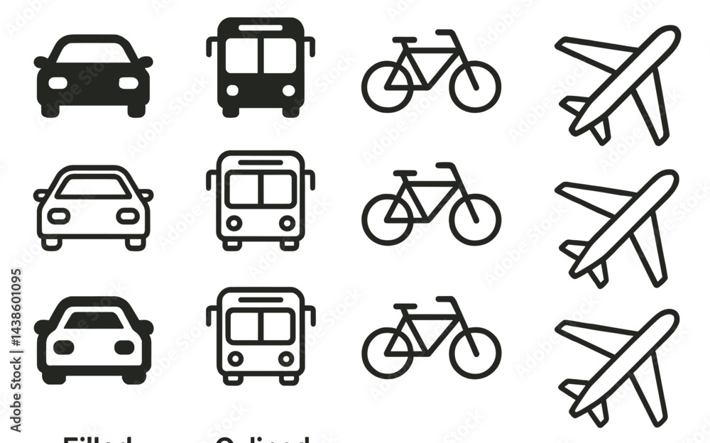 Poster transportation icons represent cars, buses, bicycles, and airplanes arranged in a grid pattern for e