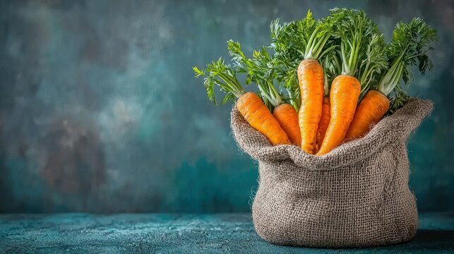 Carrots in burlap sack, with leafy tops