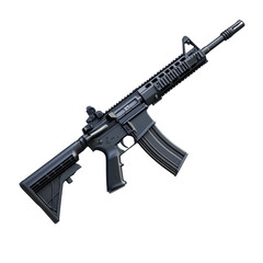 Modern military rifle displayed on a white background showcasing its design and features
