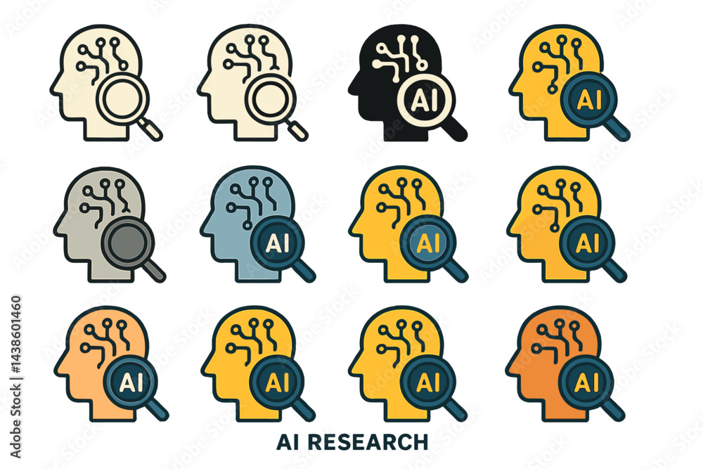 Poster Graphic representation of AI research themes displayed with various head icons and data processing symbols