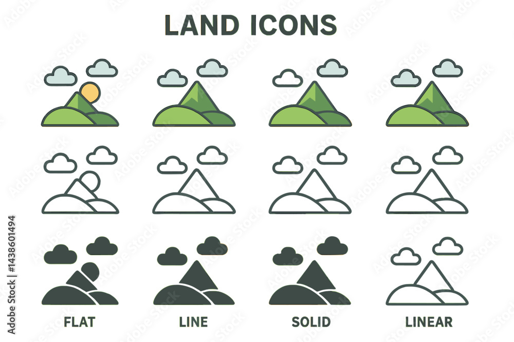 Aufkleber Different styles of land icons depicting mountains and clouds in various design formats