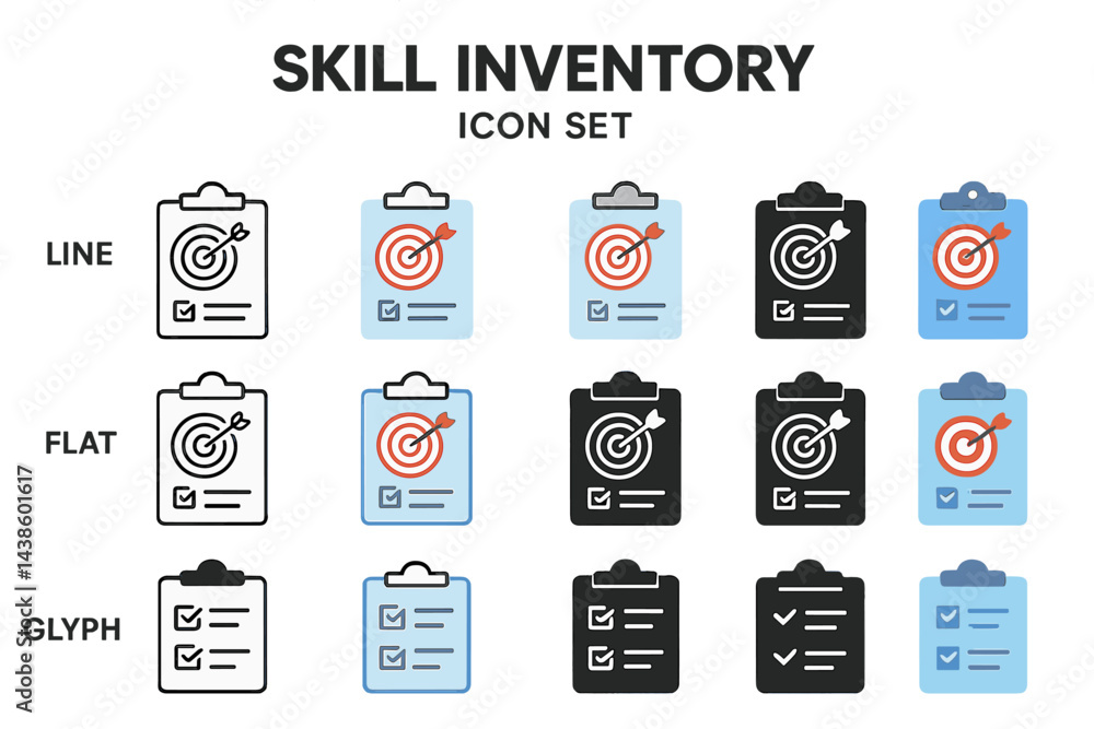 Leinwandbilder Skill inventory icon set featuring line, flat, and glyph styles for effective representation of skills and progress tracking