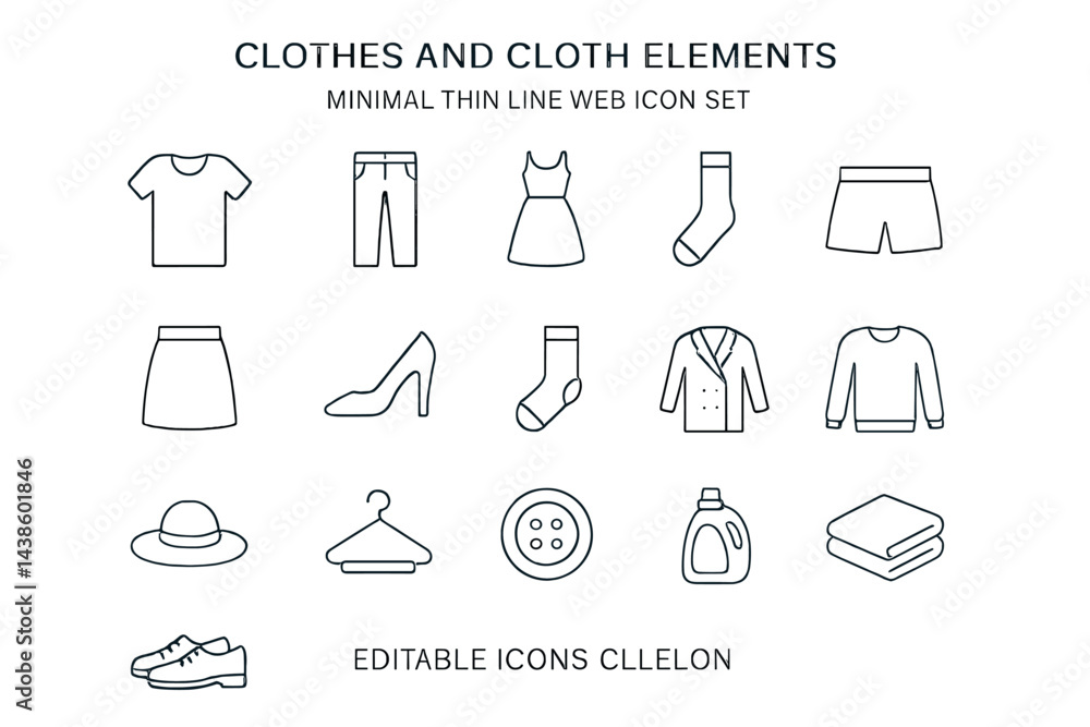 Poster minimal line icons of clothing and textile elements featuring various apparel and accessories in a s