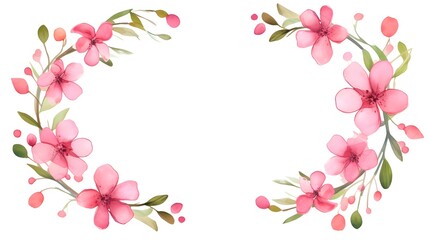 Pink Flowers and Green Leaves Round Border Hand Drawn Design Element