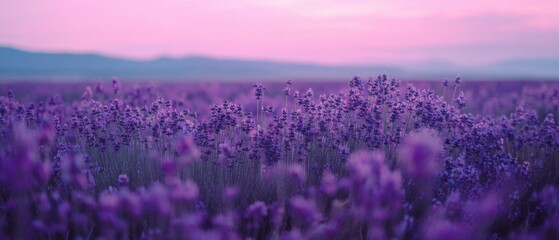 Naklejka premium Lavender Field Stretching to Horizon Under Pastel Evening Sky