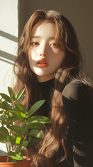 Elegant Portrait of Young Woman Posing in Sunlit Room with Vibrant Green Plant