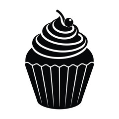 Black and white cupcake graphic with cherry topping for print and web