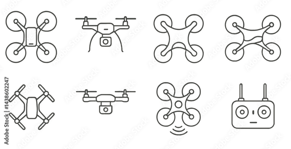 Poster Different types of drones and remote controllers showcased in simple line art design for technology enthusiasts
