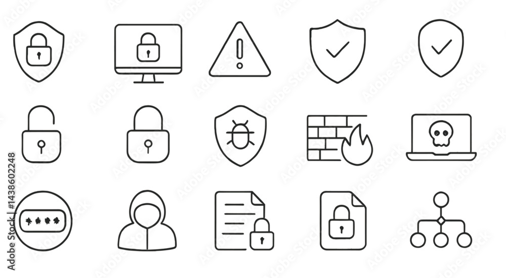 Aufkleber collection of cybersecurity icons representing various aspects of digital protection and threats in 